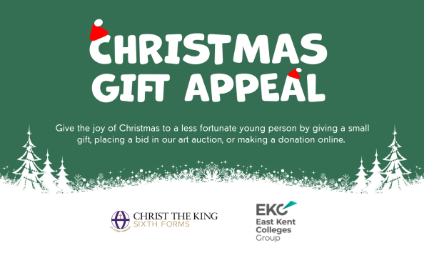 Rectangular graphic with white snowy trees over a deep green background. Sitting above the trees a rounded font reads 'Christmas Gift Appeal', with santa hats perched on some of the letters.