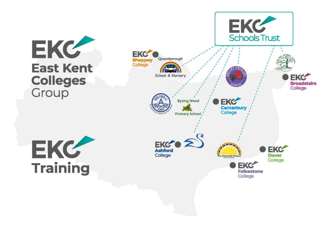A grey map of East Kent, with logos of each of East Kent Colleges Group's Colleges and EKC Schools Trust's primary schools dotted on the locations they are situated in. The East Kent Colleges Group logos shown are: EKC Ashford College, EKC Broadstairs College, EKC Canterbury College, EKC Dover College, EKC Folkestone College, EKC Sheppey College, and EKC Training. The EKC Schools Trust primary school logos shown are, Queenborough School and Nusery, Bysing Wood Primary School, Palm Bay Primary School, Briary Primary School, The Churchill School, Holywell School, and East Stour Primary.