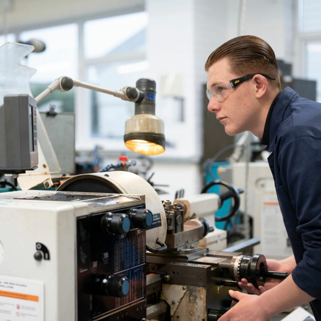 Engineering student using lathe machine