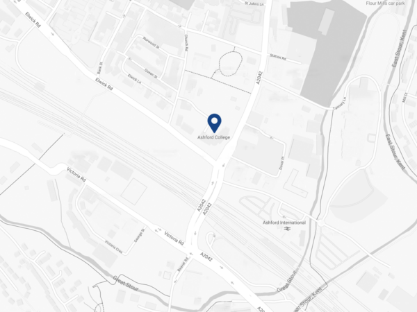 Gray tone map showing the location of EKC Ashford College on Elwick Road, Ashford, Kent