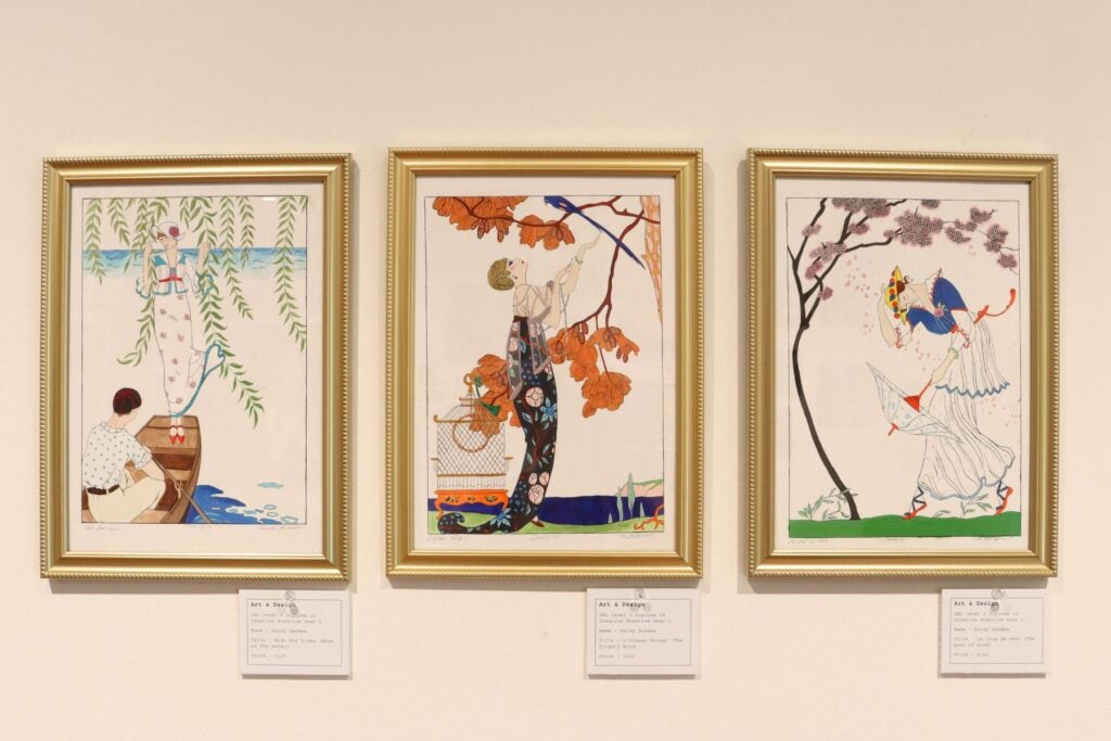 Three Asian inspired drawings in frames