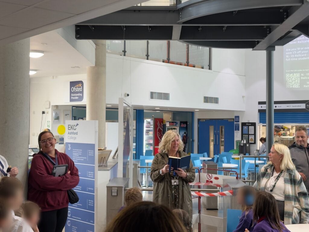 jo giving a talk at the Ashford International Station exhibition