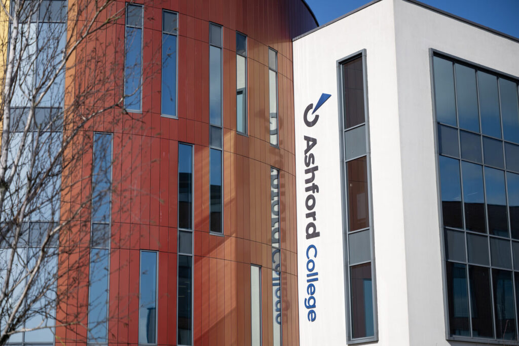 Ashford college building with the Ashford college logo outside.