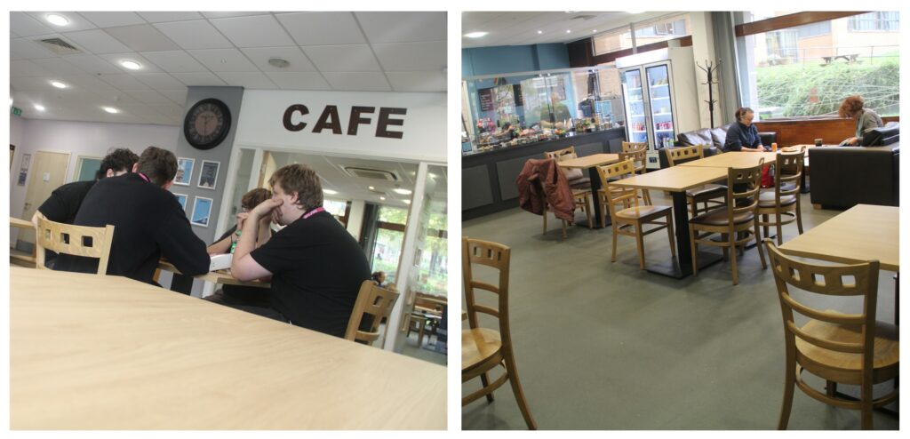 2 images showing a cafe with tables chairs and sofas.