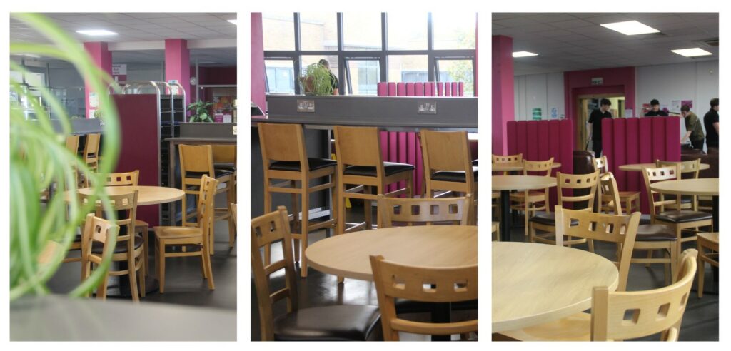 3 images showing different angles of a cafe. A range of tables and chairs can be seen.