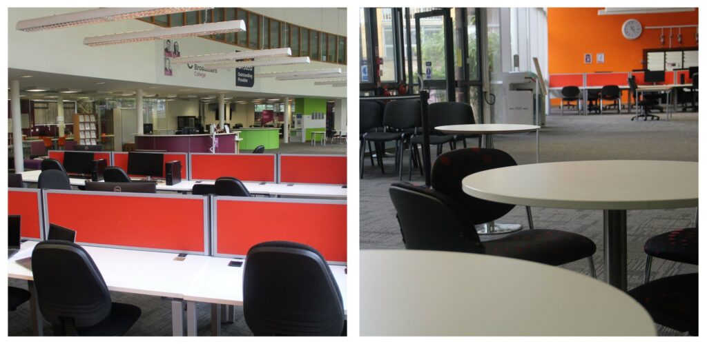 2 pictures both showing work spaces available. The first has desk space and office chairs. The second a round table with chairs.