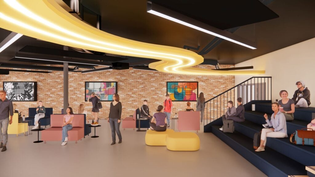 CGI image of the inside of a building with tables, chairs and a stairwell