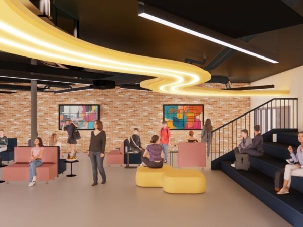 CGI image of the inside of a building with tables, chairs and a stairwell