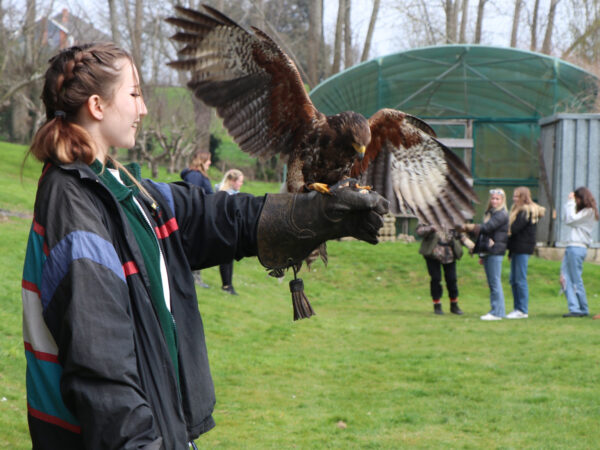 Animal management students with buzzard