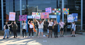 Students outside EKC Canterbury College during Pride 2023