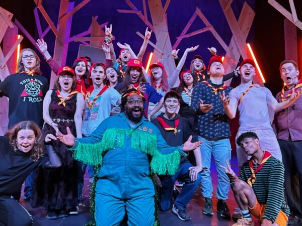 Students pose for photo whilst performing "Camp Phoenix" at the Gulbenkian Theatre