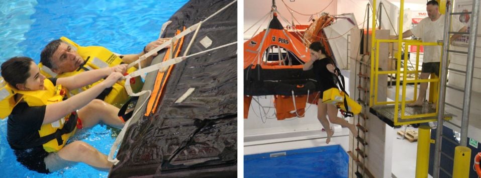 2 images, the first showing a flipped life raft the second showing a student jumping from platform
