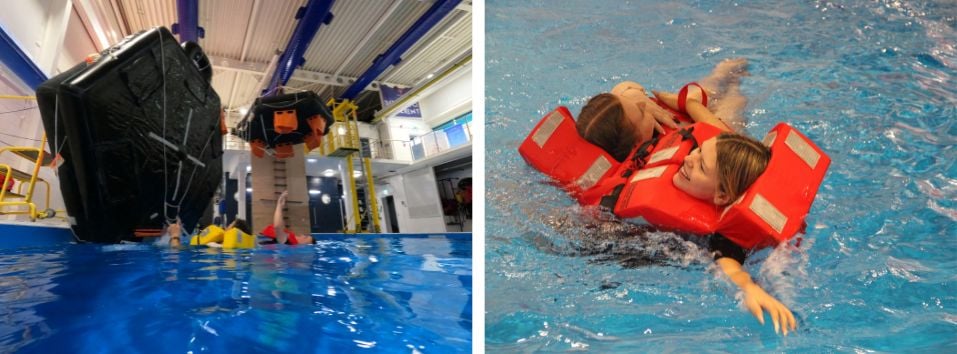 2 images, the first showing a student flipping a life raft, the second showing a students swimming