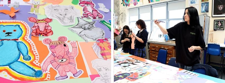 two photos of art students and their drawings
