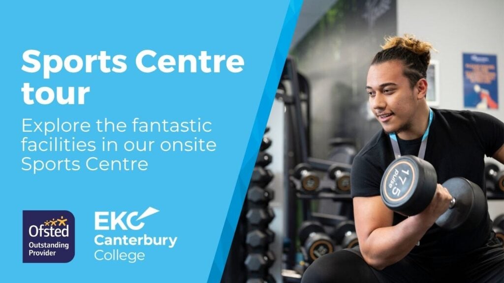 You Tube thumbnail text on the left saying 'Sports Centre Tour'. Image on the right of a young student using a dumbbell
