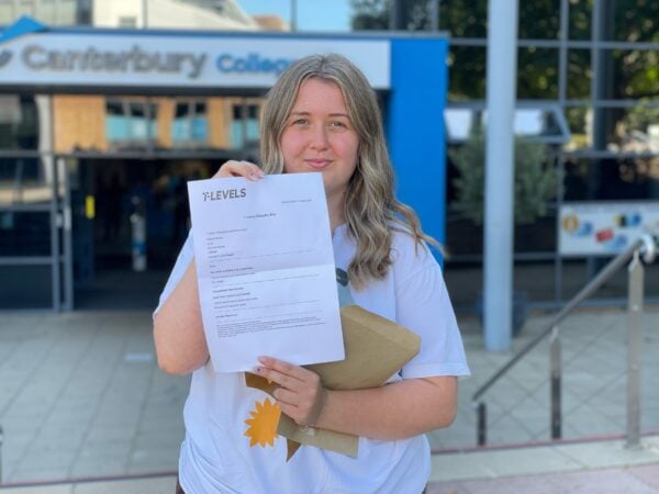 female student receives results for her T Level course at EKC Canterbury College