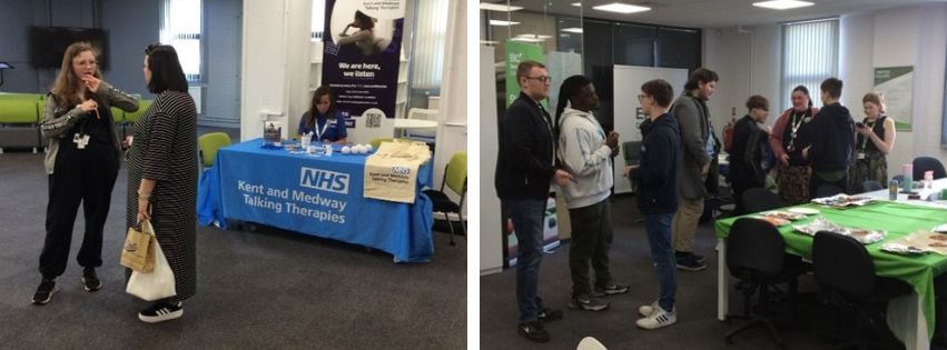 two pictures side by side of students talking
