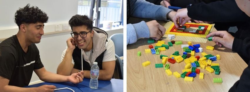 2 images side by side, the first shows 2 students laughing, the second shows LEGO.