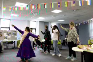 a group of students dancing