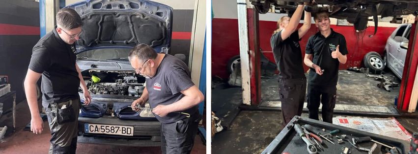 two photos of automotive students