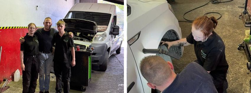 two photos of automotive students
