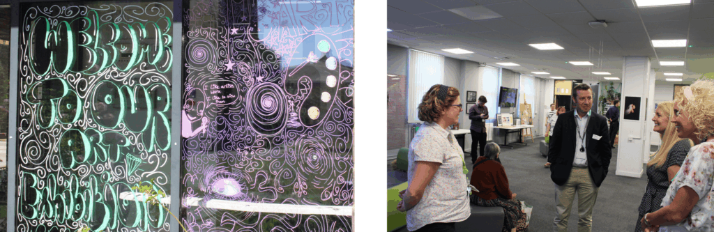 Two images, first is a window coloured in saying "Welcome to our art exhibition" second is visitors standing talking around the artwork.