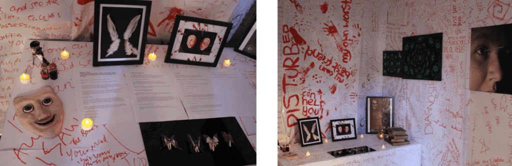 Two images. First is a close up of the artwork for "Fear" with various pieces including a clay face, writing written is red to look like blood and photos of blood covered ears and a butterfly. The second image is a further away photo of all the "bloody" red words written all over the walls and a canvas of a girl holding a needle really close to her eye.