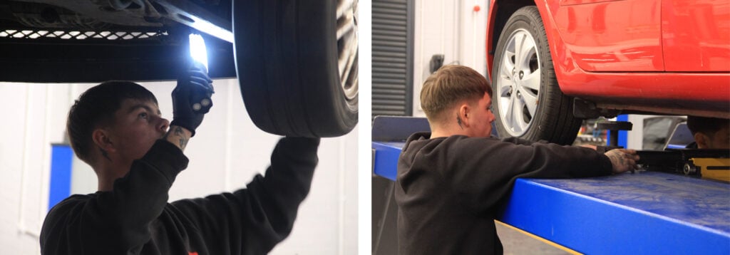 Adult automotive students in Automotive workshop