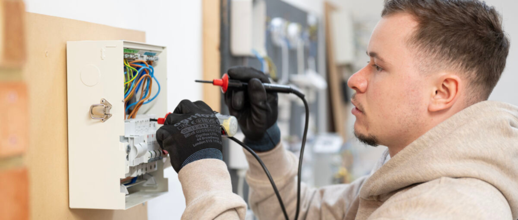 electrical student working on switchboard on the wall.