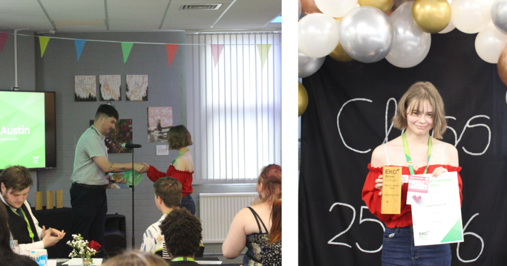 Images of a student going to collect her reward and then standing with her award in front of the balloon arch. She is wearing a red top and blue jeans.