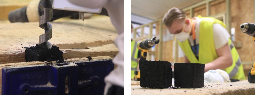 Students working with biochar material