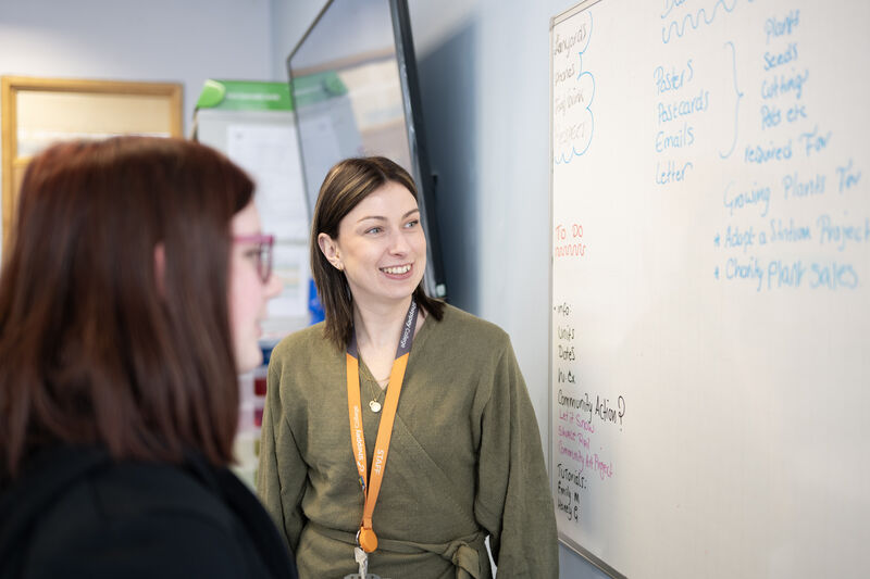 a business lecturer looks at a white board