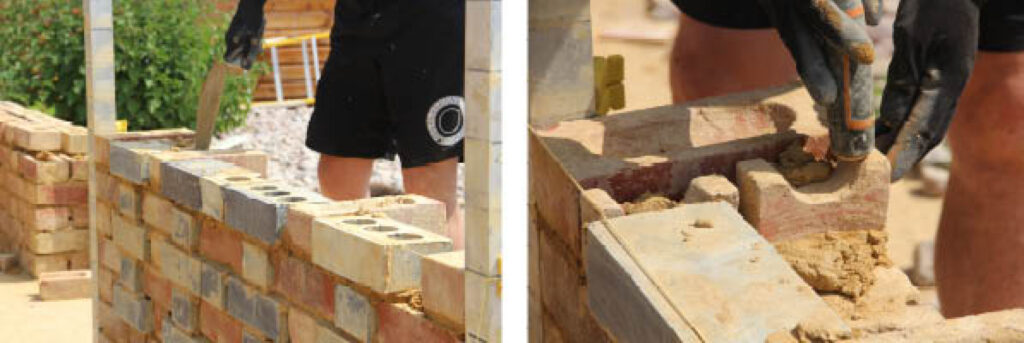Close up images of students working on a new brick wall