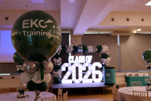 Balloon decorations with stage in the background.
